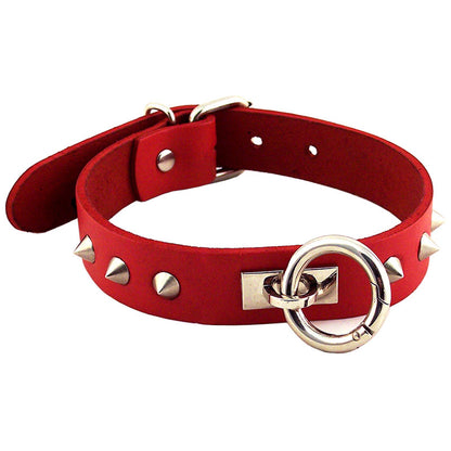 rouge garments red collar with metal o-ring and studded detailing, a striking accessory.