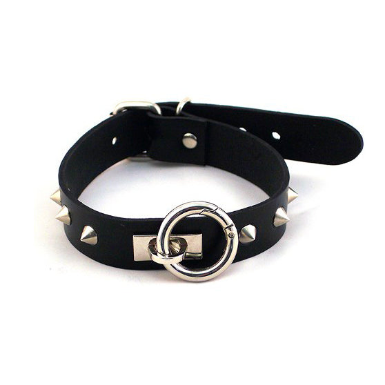 Rouge Garments thin black collar with metal o-ring and subtle studded detailing.