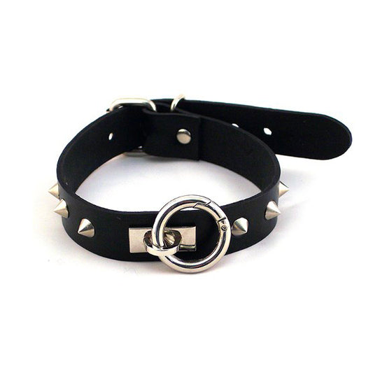 Rouge Garments thin black collar with metal o-ring and subtle studded detailing.