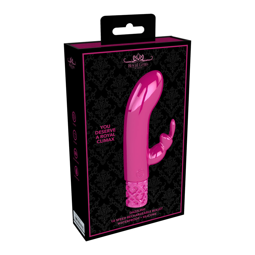 Close-up of a pink, rechargeable bullet vibrator shaped like a rabbit from Shots Toys.