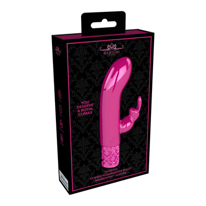 Close-up of a pink, rechargeable bullet vibrator shaped like a rabbit from Shots Toys.