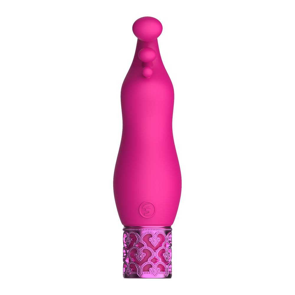 Close-up of a pink, rechargeable silicone bullet vibrator from Shots Toys' Royal Gems range.
