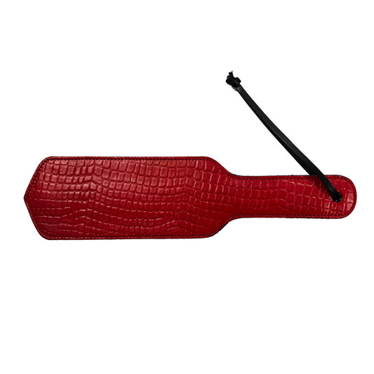 Rouge Garments leather paddle with a distinctive black and burgundy croc print finish.