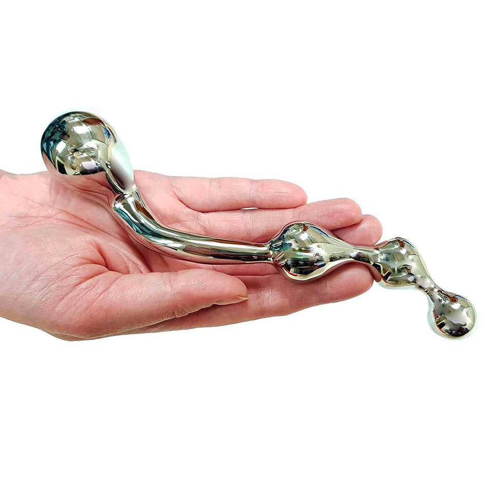 Shiny stainless steel prostate probe for internal massage, part of our collection.