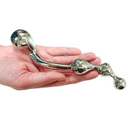 Shiny stainless steel prostate probe for internal massage, part of our collection.