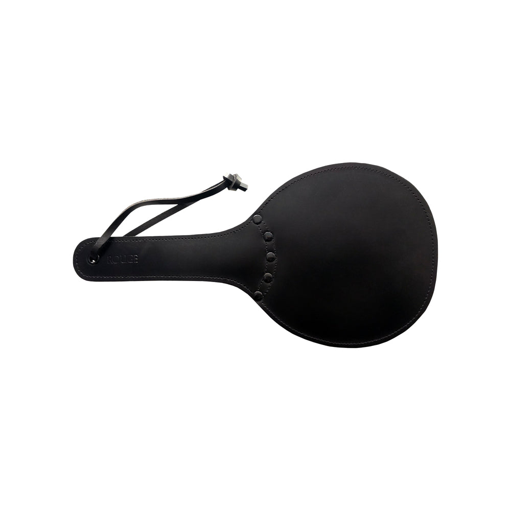 Rouge leather padded ping pong paddle, black and red with a smooth finish.