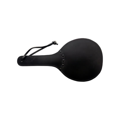 Rouge leather padded ping pong paddle, black and red with a smooth finish.