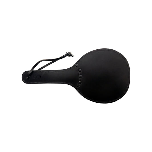 Rouge leather padded ping pong paddle, black and red with a smooth finish.