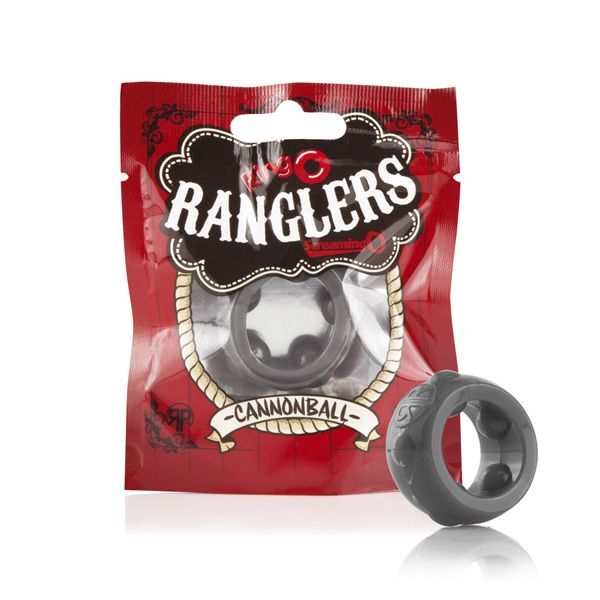 Close-up of a shiny, metallic-grey 'screaming o' cannonball cock ring, a love ring for enhanced pleasure.