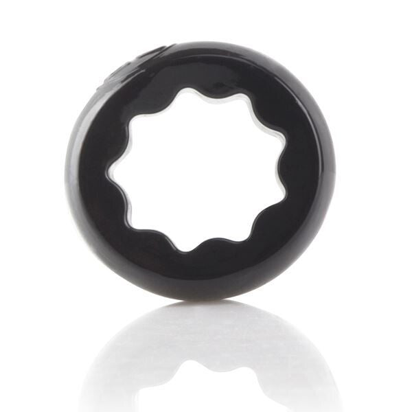 A textured black silicone cock ring with a ridged spur detail for enhanced pleasure.