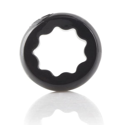 A textured black silicone cock ring with a ridged spur detail for enhanced pleasure.