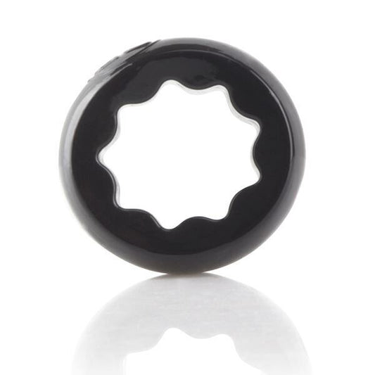 A textured black silicone cock ring with a ridged spur detail for enhanced pleasure.