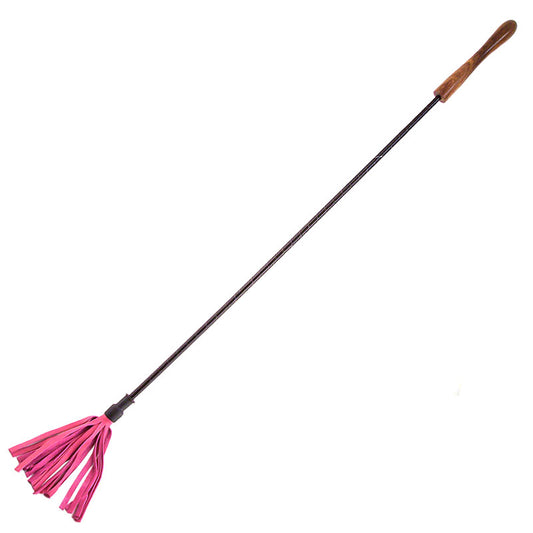 Pink rouge garments riding crop with a wooden handle, ideal for playful fun.