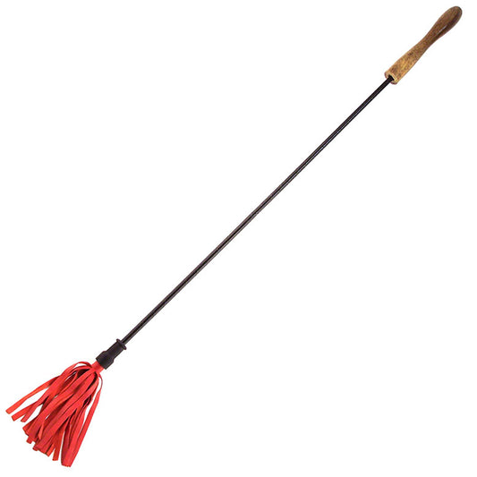 Rouge Garments riding crop in red with a comfortable wooden handle, ideal for equestrian use.