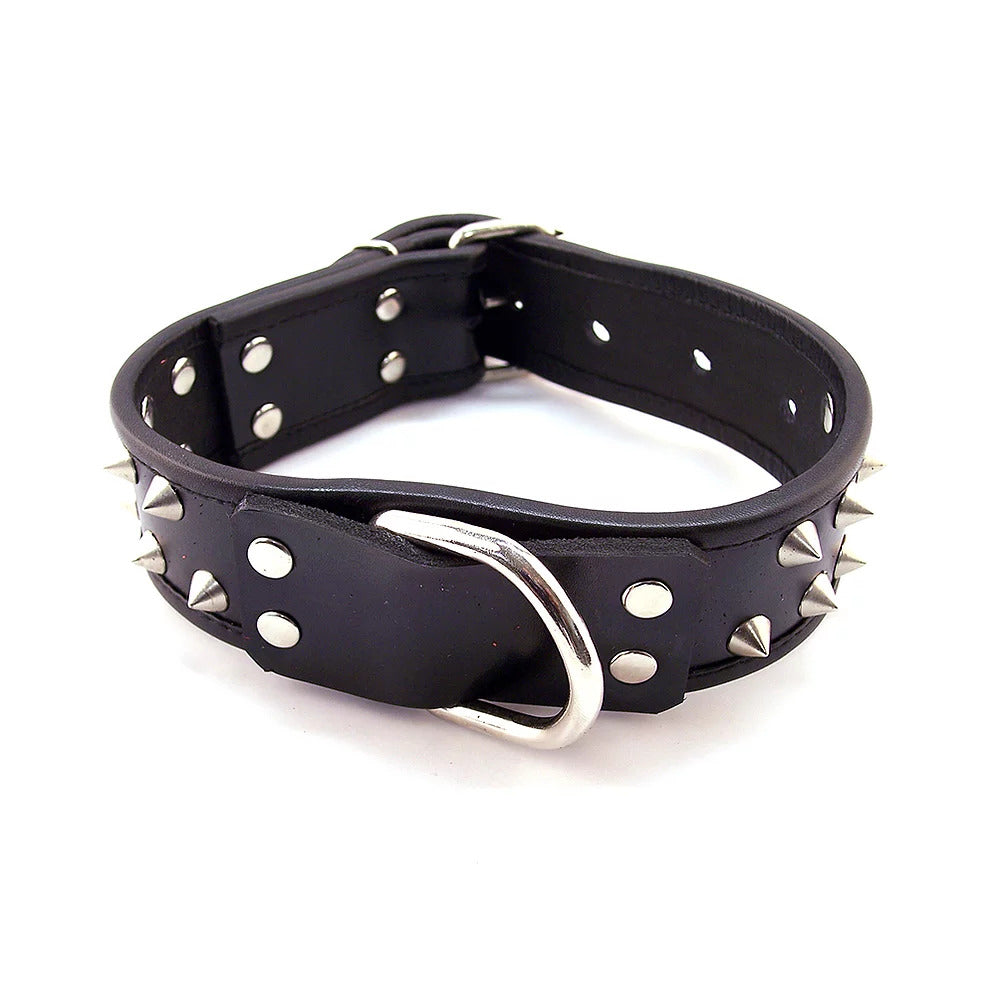 Rouge Garments black leather dog collar with silver metal stud detailing, tough and stylish