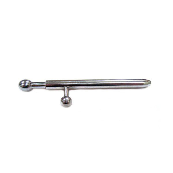 Stainless steel urethral plug with a rouge finish and integrated key for secure bondage play