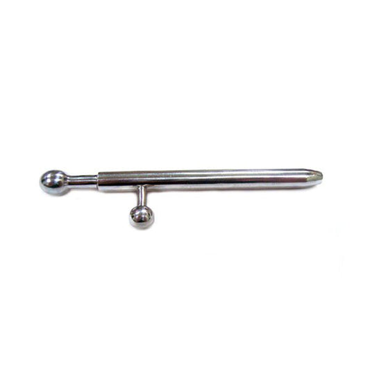Stainless steel urethral plug with a rouge finish and integrated key for secure bondage play