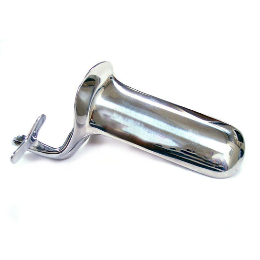 Rouge Garments large stainless steel speculum, a shiny medical instrument for examinations.
