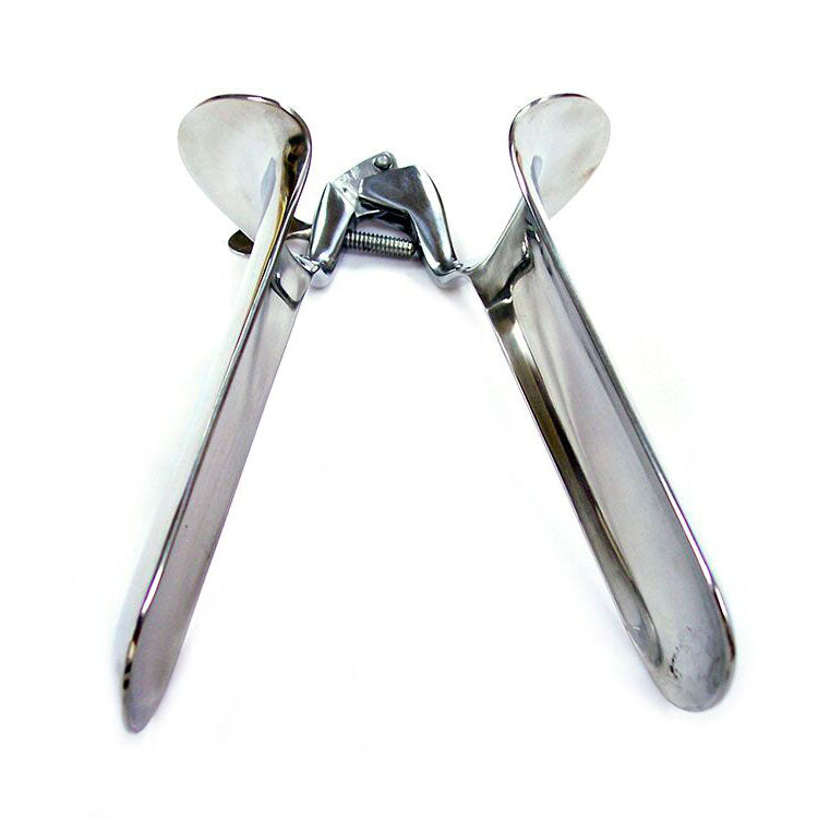 rouge stainless steel speculum in large size, a medical instrument for examinations.