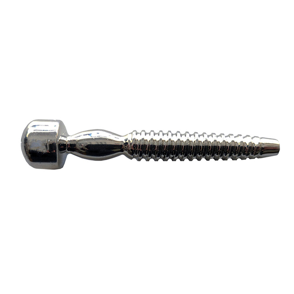 Close-up of a polished stainless steel shower penis plug from rouge garments, 5mm.