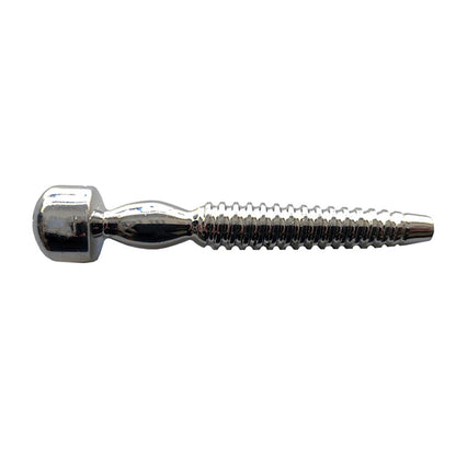 Close-up of a polished stainless steel shower penis plug from rouge garments, 5mm.