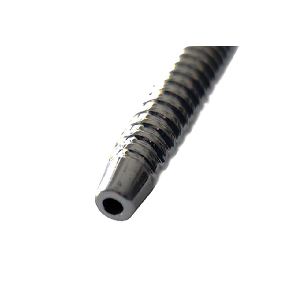 Close-up of a rouge stainless steel shower penis plug, 5mm, medical instrument