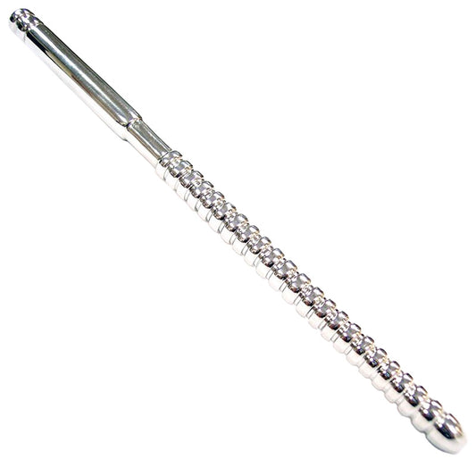 Rouge stainless steel urethral sound, seven inches long, for cock and ball bondage play.