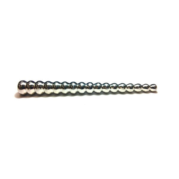 Rouge Garments stainless steel urethral sound with beaded detailing for medical applications.