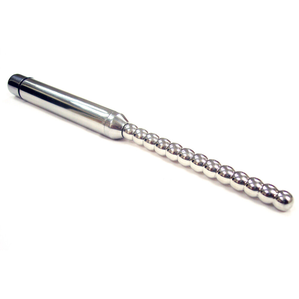 Rouge stainless steel urethral probe with ribbed texture and vibration feature, a medical instrument