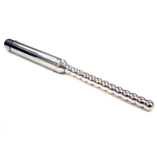 Rouge stainless steel urethral probe with ribbed texture and vibration feature, a medical instrument