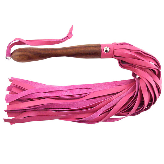 Rouge Garments pink leather flogger with a wooden handle, part of our whips range.