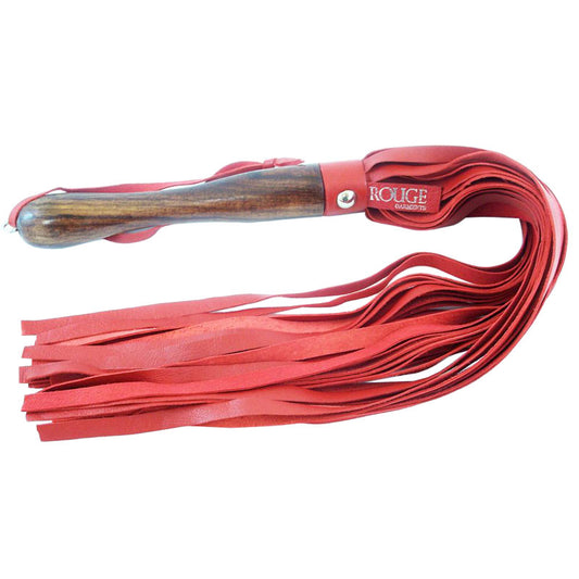 rouge garments red leather flogger with a wooden handle, a striking and sensual whip