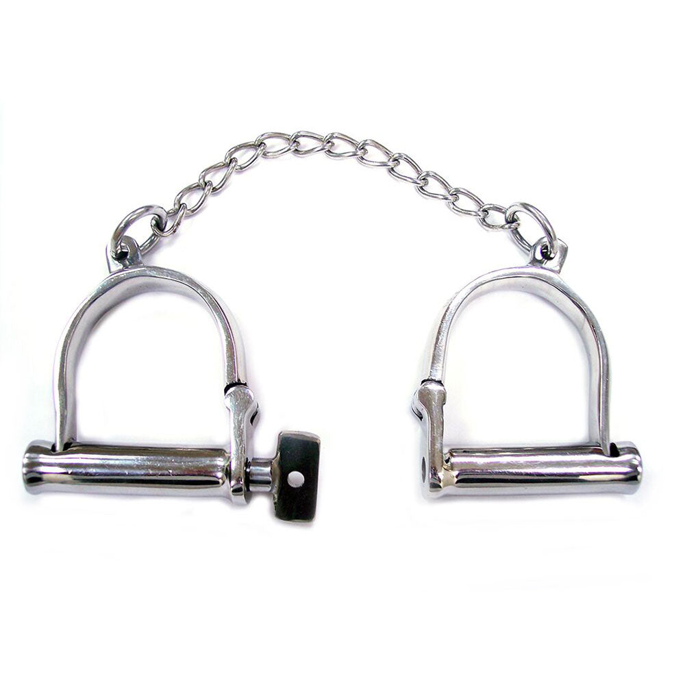 Rouge Garments stainless steel wrist restraints for consensual adult bedroom role-play, with a polished finish.