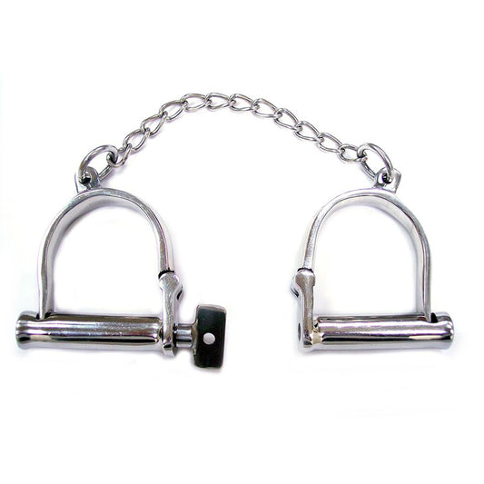 Rouge Garments stainless steel wrist restraints for consensual adult bedroom role-play, with a polished finish.