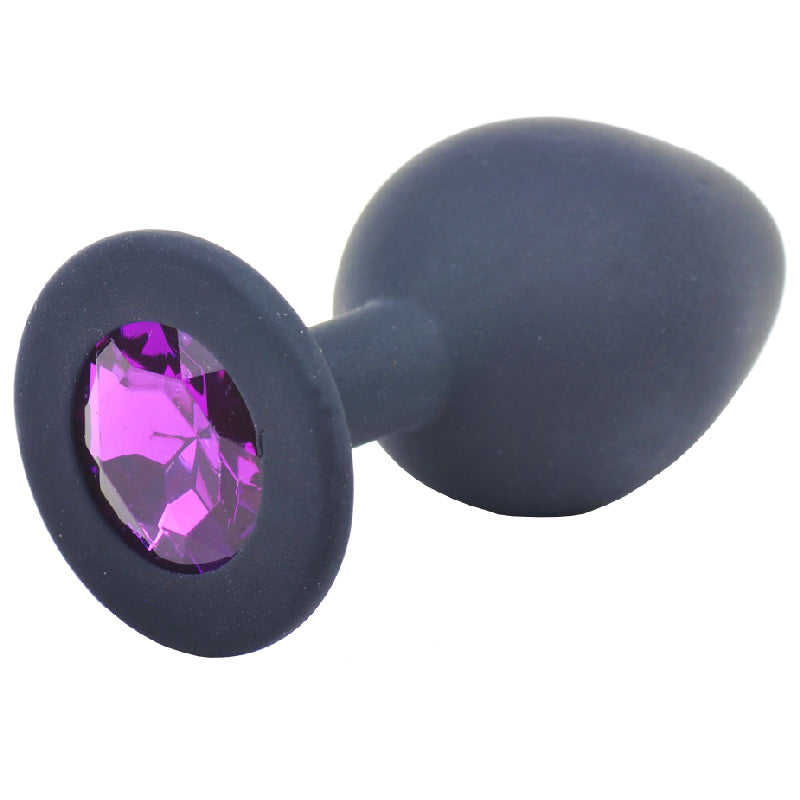 Medium-sized black silicone butt plug with a sparkling jewelled base, smooth finish.