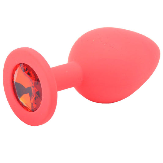 A medium, red, jewelled butt plug, made of smooth silicone for comfortable backdoor play.