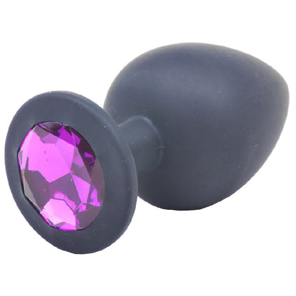 Large black silicone butt plug with a faceted jewelled base for anal play