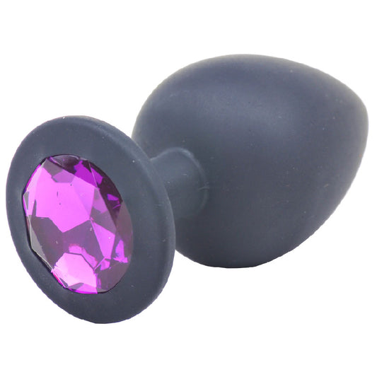 Large black silicone butt plug with a faceted jewelled base for anal play