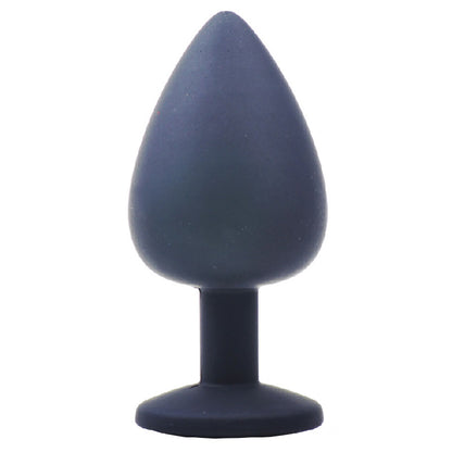 Large black silicone butt plug from various toy brands, embellished with sparkling jewels.