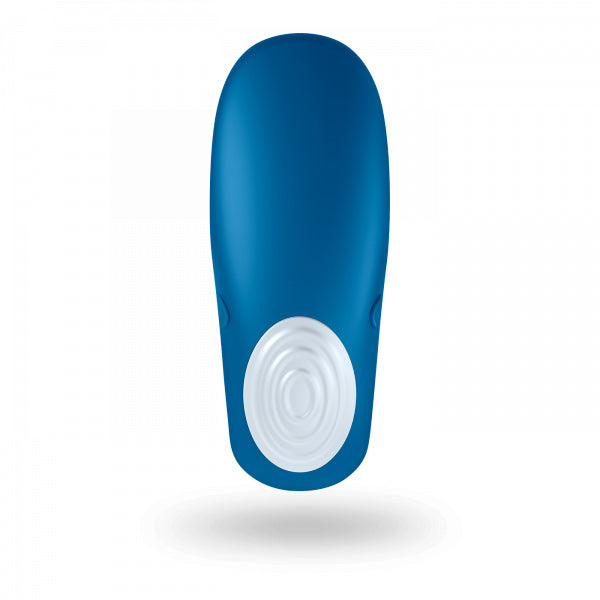Playful couples vibrator shaped like a blue and white whale, for shared pleasure.