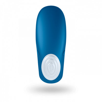 Playful couples vibrator shaped like a blue and white whale, for shared pleasure.