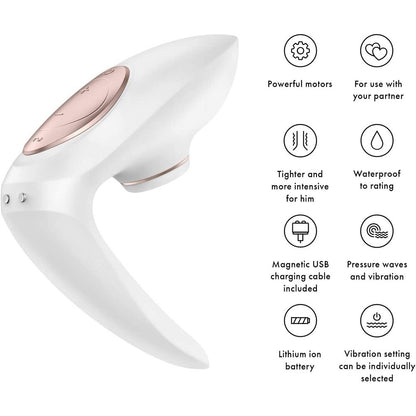 Satisfyer Pro 4 Couples vibrator in pink and silver, designed for shared pleasure.