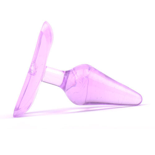 A small, smooth purple anal plug for intimate pleasure, made from silicone.