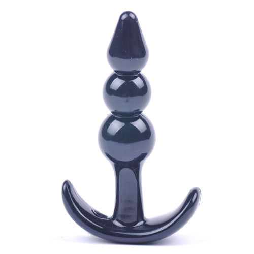 Small black beaded butt plug from various toy brands, shiny smooth finish.