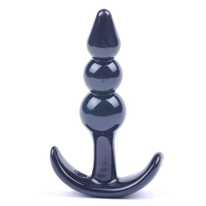 Small black beaded butt plug from various toy brands, shiny smooth finish.