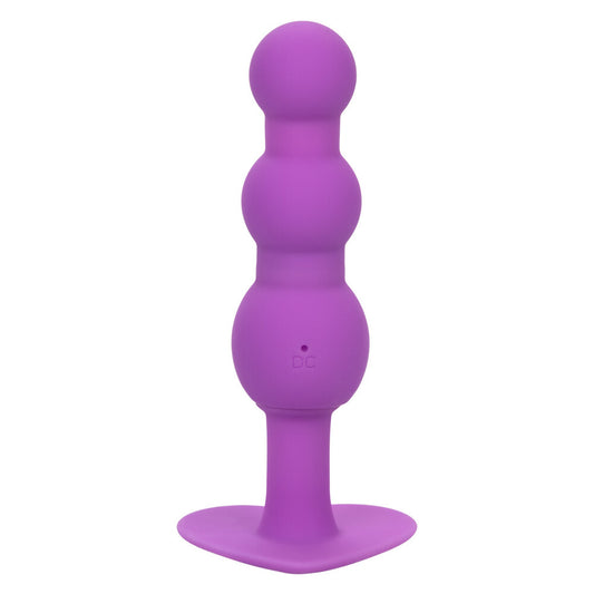 Close-up of a metallic, beaded anal probe designed for beginners, with a vibrating function.