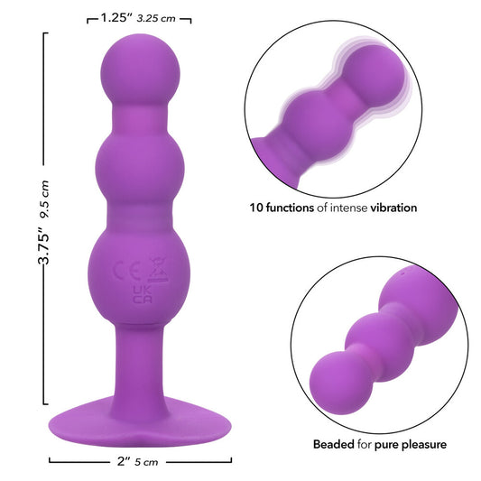 Silver-tone beaded anal probe with vibrating function, designed for first-time use, from California Exotic.