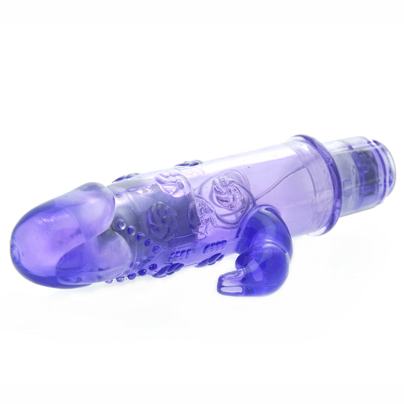 California Exotic first time bunny vibrator, pink silicone, textured for extra stimulation.