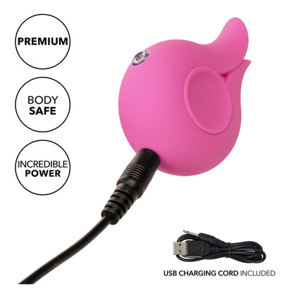 California Exotic LuvMor Kisses clitoral stimulator, a flickering vibrator for blissful pleasure, pink and smooth.