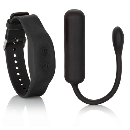 Petite bullet vibrator in a pale colour with a rechargeable wristband remote, shown close-up.
